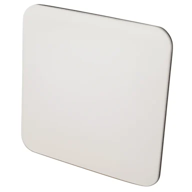 A square, white object with rounded corners, featuring a smooth surface.