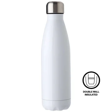 White insulated water bottle with a metallic screw top.