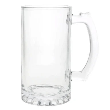 Clear glass beer mug with a sturdy handle and a thick base.