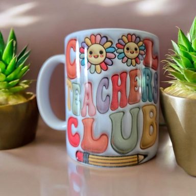 A colourful mug featuring "Cool Teachers Club" text with smiling flowers and a pencil.