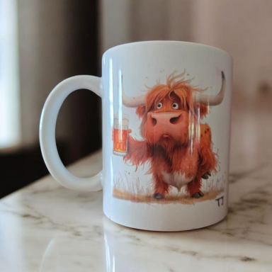 Cartoon highland cow holding a mug, standing on a table.